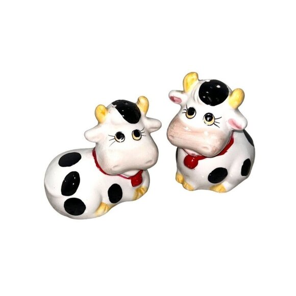 Cow Porcelain Salt & Pepper Shaker Set Horned White Black Yellow With Stoppers - Picture 1 of 8